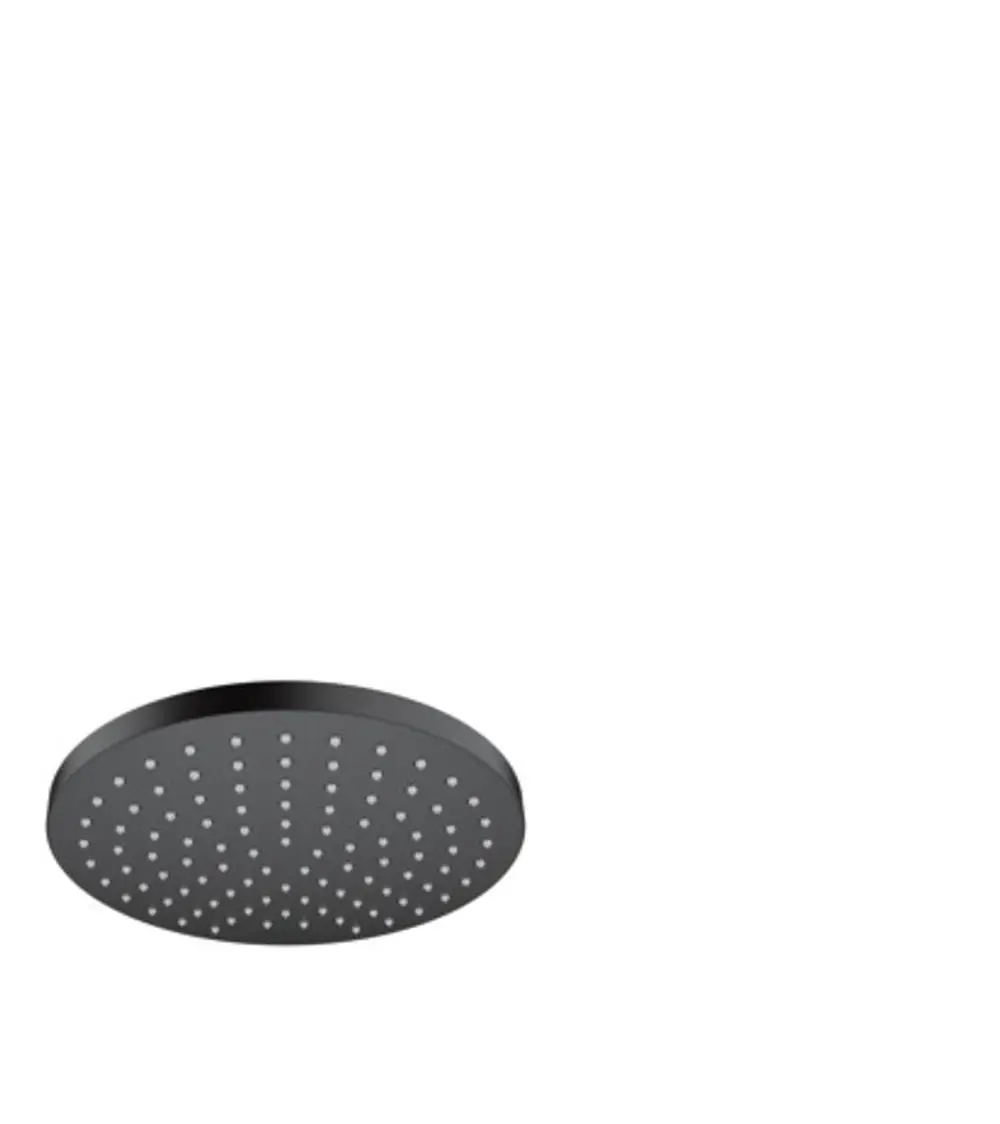 Hansgrohe Kopfbrause in mattschwarz mit runder Form und gleichmäßig verteilten Düsen für Wasserfluss. Das Design ist schlicht und funktional.